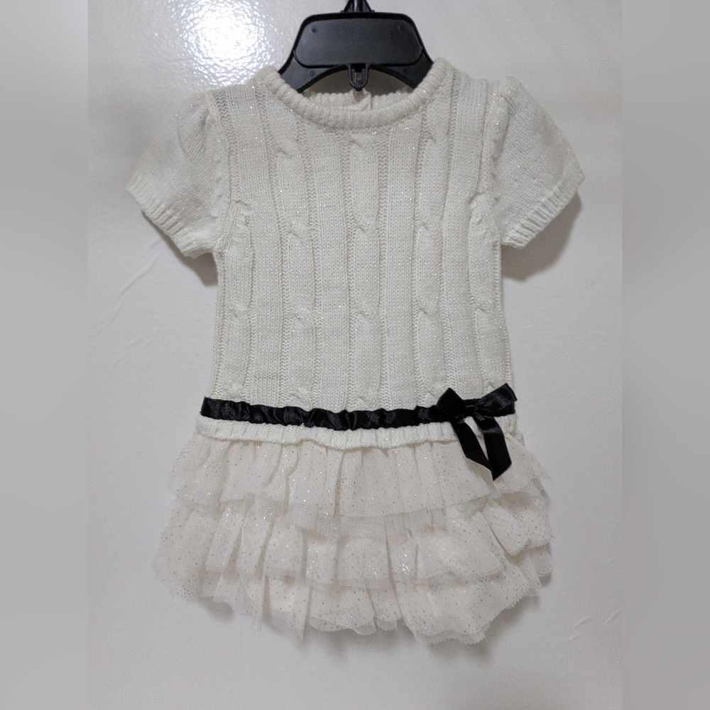 SZ 3/6 Mo Children's Place Infant Girls Sweater Dress W/Black Satin Bow